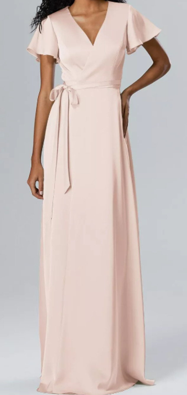 AW BRIDAL SZ 8 M apricot pink satin Roseanne wrap formal maxi dress NEW B28